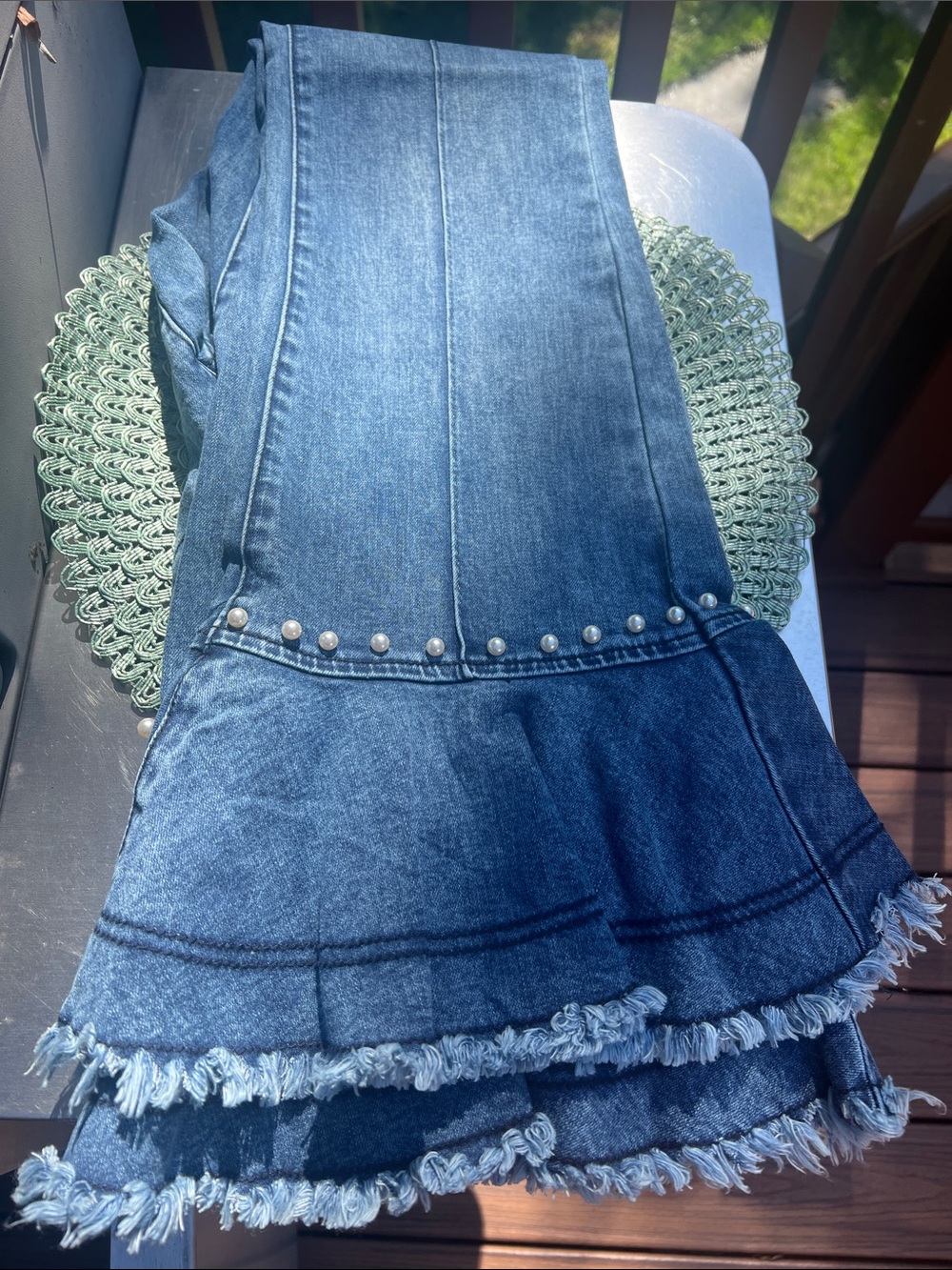 NWOT VENUS Blue Flared Denim Jeans with Pearl Stud Trim. Size 8